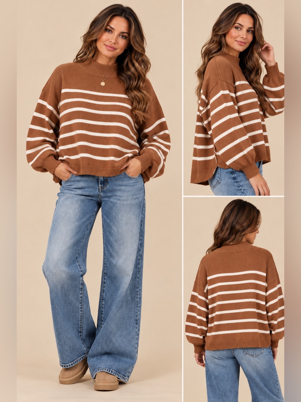 Zenana Mocha & Cream Striped Mock Neck Drop Shoulder Sweater. Oversized